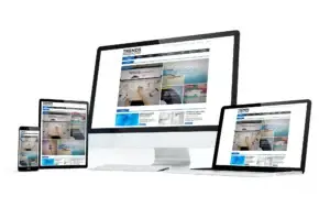 Four screens (phone, tablet, desktop, and laptop) show the Trends magazine website in a responsive layout.