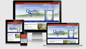 Responsive website mockup on multiple devices displaying a 'Quality On Tap' water district banner across desktop, tablet, and mobile screens.