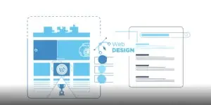 Abstract blue web design illustration with layout panels, puzzle pieces, WordPress logo, trophy, and a separate browser window indicating design work.