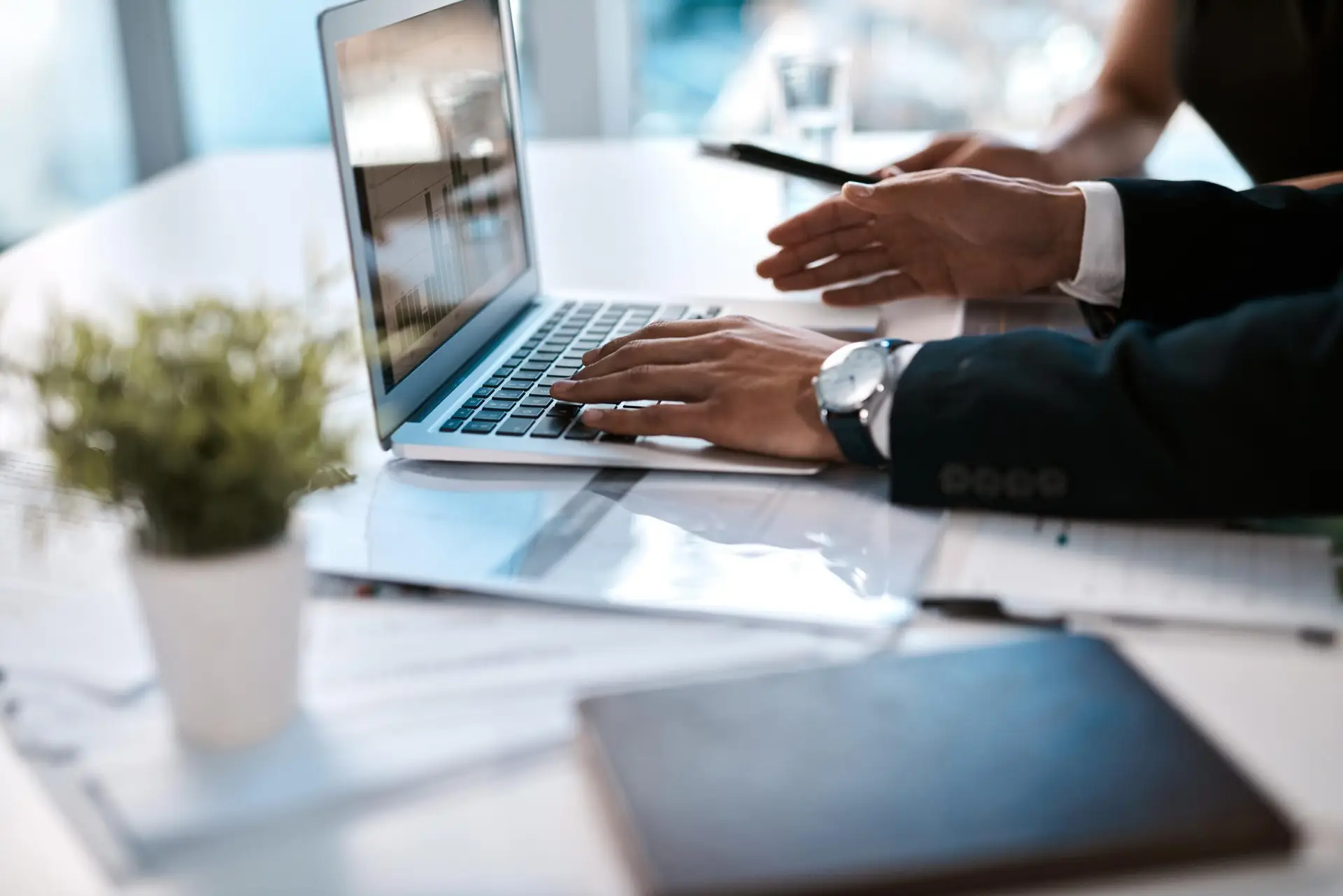 Person in a suit types on a laptop at a bright desk, with a small plant in the foreground.