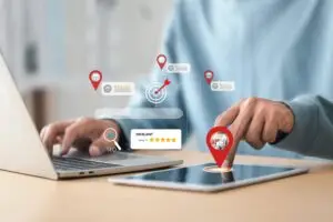 Person typing on a laptop with floating app icons, search bar, and location pins suggesting digital marketing tools and ratings.