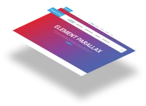 Tilted gradient webpage mockup with the title 'ELEMENT PARALLAX' and a white navigation bar above it
