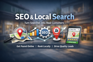 featured-image-1781881259 | AI Automation for Small Business Growth SEO & Local Search concept banner with map, magnifying glass, rising bars, a gear labeled SEO, a red Local pin, and a smartphone map showing 'Near Me'