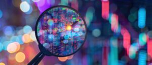 Magnifying glass over a screen with colorful code and neon bokeh lights in the background, suggesting data analysis.