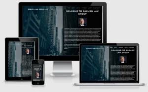 Responsive design showcase: Saburn Law Group website displayed on a tablet, smartphone, laptop, and desktop monitor across a cityscape background.
