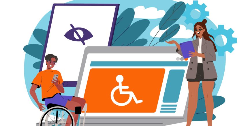 Content for people with disabilities Boy on wheelchair near website page Respect and responsibility towards minorities Flat vector illustration
