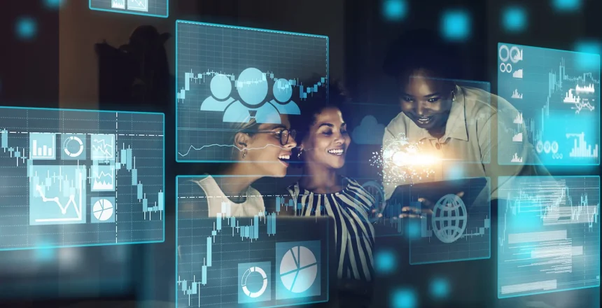 Stock market overlay and trading team on finance blockchain and forex digital website working on a strategy Fintech smile and happy traders studying global financial chart data analysis at night
