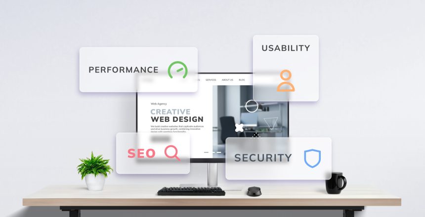 Modern office desk with computer displaying web design agency concept floating windows highlight web page performance usability SEO and security Web design principles visualized