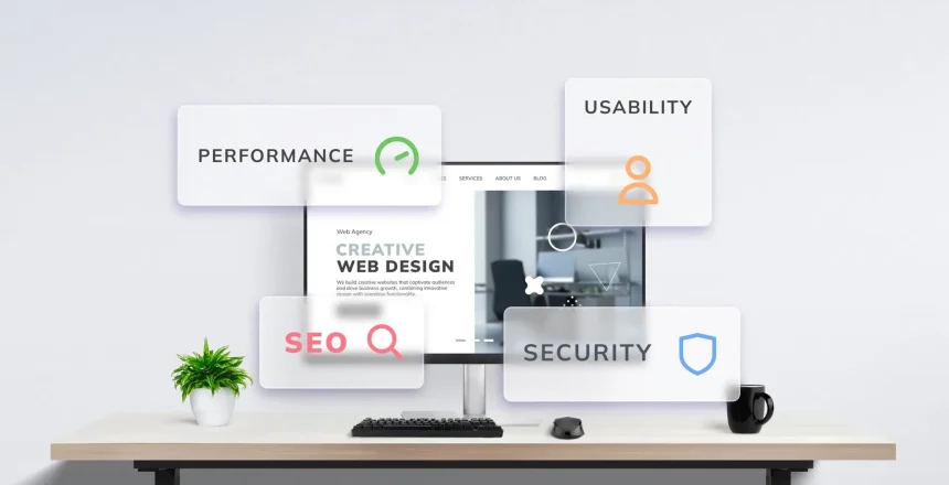 Modern office desk with computer displaying web design agency concept floating windows highlight web page performance usability SEO and security Web design principles visualized