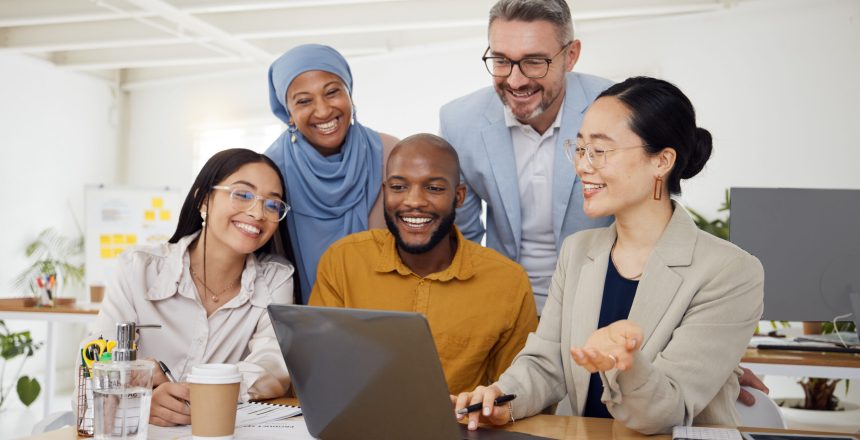 Business people computer and teamwork or planning for marketing website design and presentation in office Group of men and woman on laptop for online news startup meeting or project collaboration