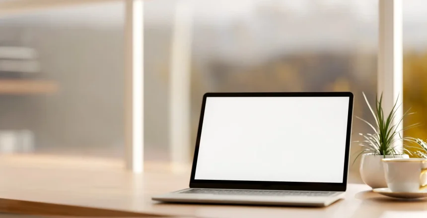 Blank screen laptop with coffee aside potted plants on wooden table in a glass wall cafe or library. Study or Working, 3D Rendering, 3D Illustration.