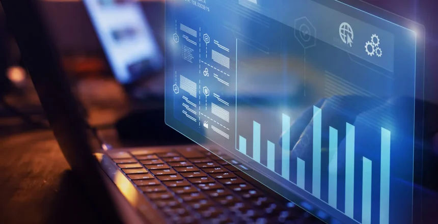 Data science for business analytics. Infographics on futuristic virtual interface screen.