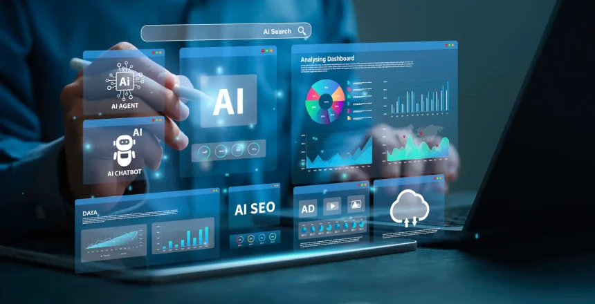 Businessman analyzes data using AI technology to work with tools, AI seo, search, Chat bot, smart robot technology and artificial intelligence concept. AI agent and workflow automation