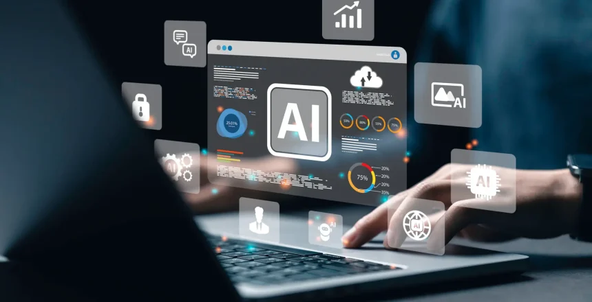 a data analyst using technology AI for working tool for data analysis Chatbot Chat with AI, using technology smart robot AI, artificial intelligence to generate something or Help solve work problems.