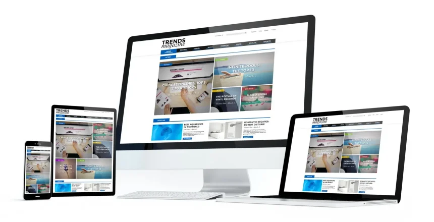 Four screens (phone, tablet, desktop, and laptop) show the Trends magazine website in a responsive layout.