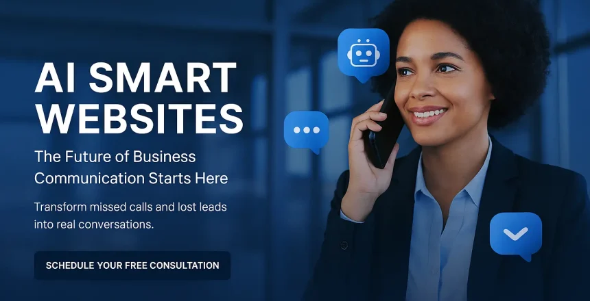 Smiling businesswoman on a phone with floating blue chat icons; bold headline 'AI SMART WEBSITES' and subheadings about transforming missed calls into conversations.