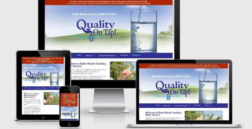 Responsive website mockup on multiple devices displaying a 'Quality On Tap' water district banner across desktop, tablet, and mobile screens.