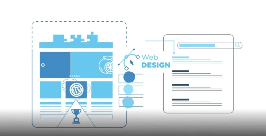 Abstract blue web design illustration with layout panels, puzzle pieces, WordPress logo, trophy, and a separate browser window indicating design work.