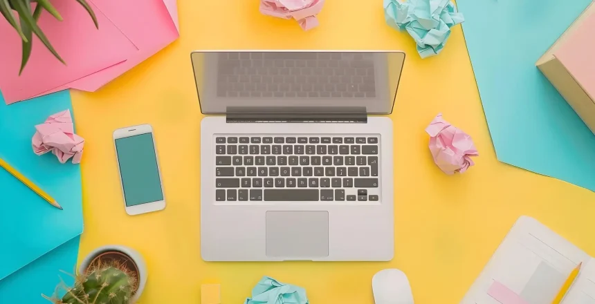 Bright workspace with a silver laptop, smartphone, notebooks, and scattered crumpled papers on a yellow surface with colorful accents.