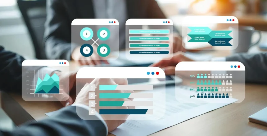 Office scene with a blurred background and translucent infographic cards showing charts and diagrams over a tabletop.