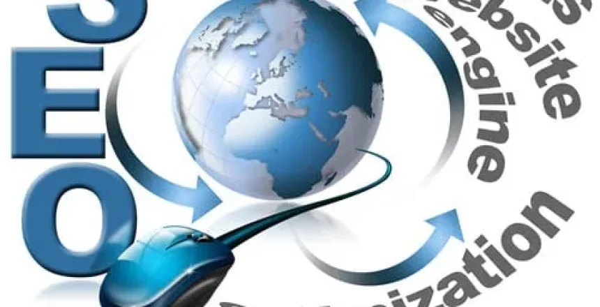 SEO concept graphic with globe, computer mouse, and circular arrows labeled results, website, optimize.