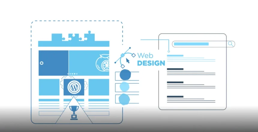 Abstract infographic of web design concepts: WordPress icon, gears, puzzle pieces, and a large layout, with a browser window on the right.