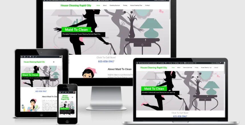 Responsive website mockup for Maid To Clean shown on desktop, tablet, and mobile devices with a green banner reading 'Maid To Clean'.