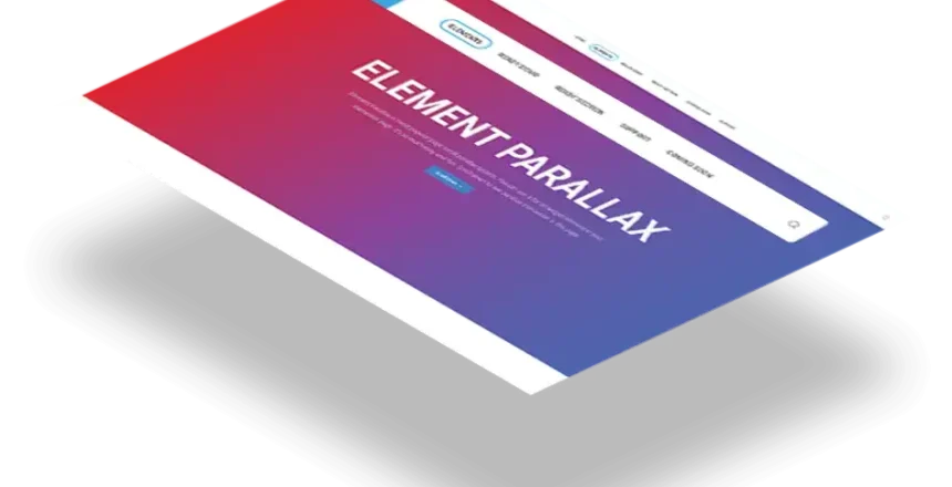Tilted gradient webpage mockup with the title 'ELEMENT PARALLAX' and a white navigation bar above it