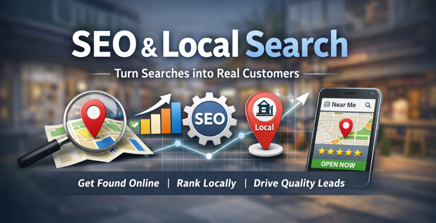 SEO & Local Search concept banner with map, magnifying glass, rising bars, a gear labeled SEO, a red Local pin, and a smartphone map showing 'Near Me'