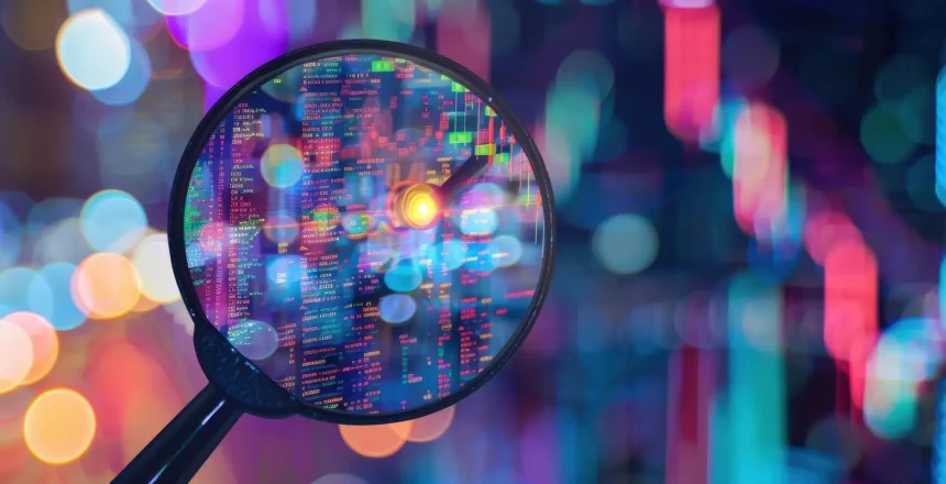 Magnifying glass over a screen with colorful code and neon bokeh lights in the background, suggesting data analysis.