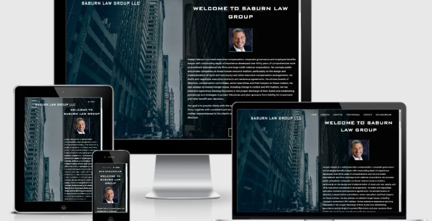 Responsive design showcase: Saburn Law Group website displayed on a tablet, smartphone, laptop, and desktop monitor across a cityscape background.