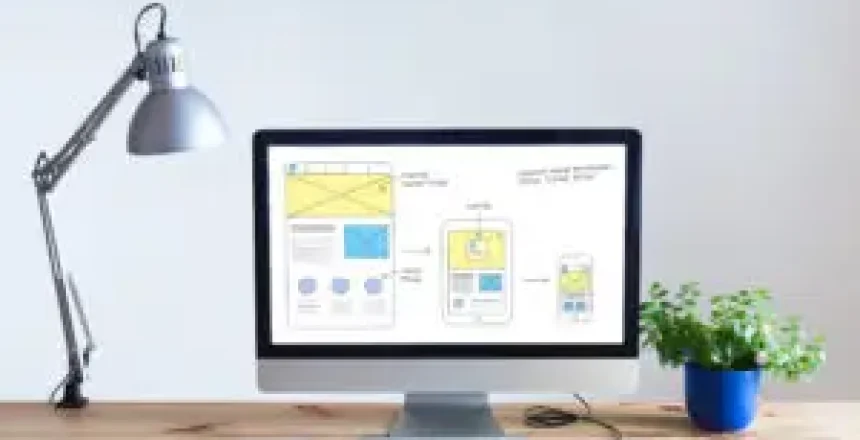 Responsive web design development technology concept with desktop computer in modern bright office and website wireframe sketch layout on screen, nobody