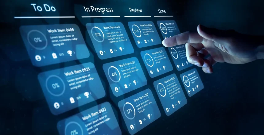 Agile software development or project management using kanban or scrum methodology boards. Process, workflow, visual organisation tools and framework technology. Finger touching virtual interface.