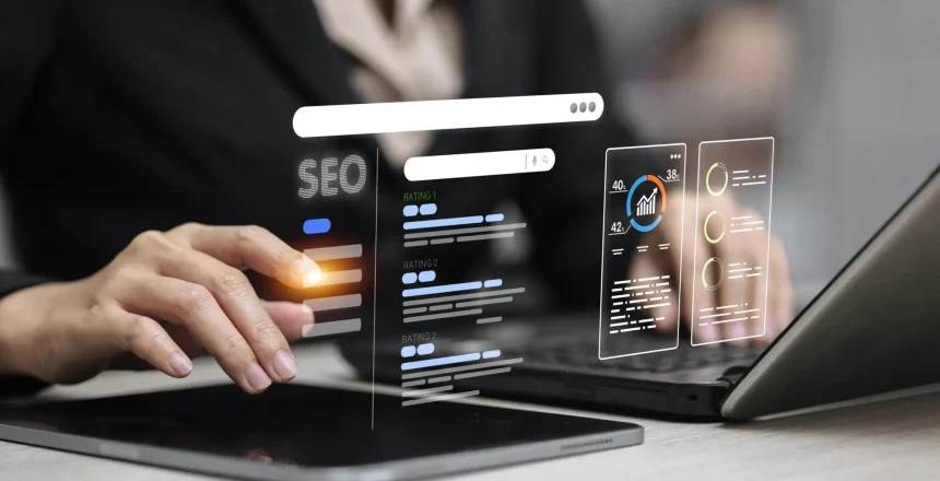 Businessperson analyzing SEO dashboard with search bar, keyword rankings, data charts and optimization analytics.
