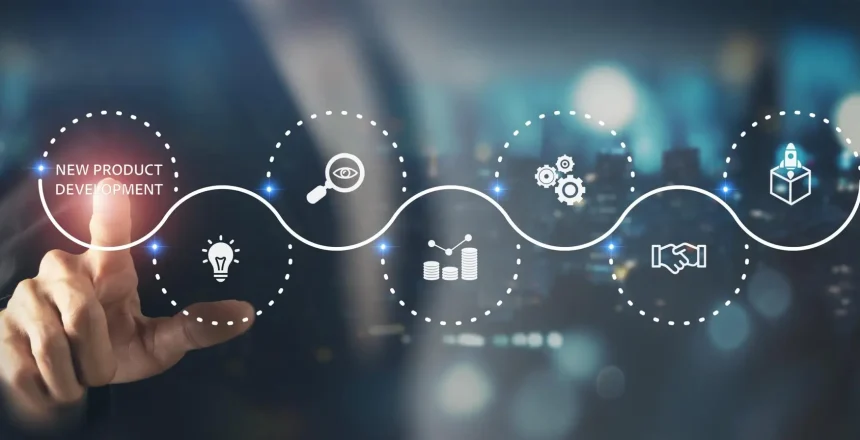 New product development and project roadmap concept. Business professional touching digital virtual screen with new product development roadmap icons, ideation, development and launching process.