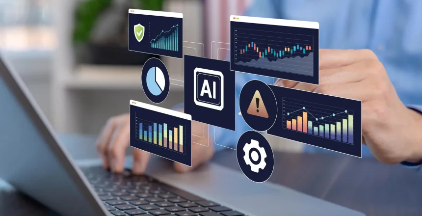 Artificial intelligence analytics dashboard with predictive data analysis, business intelligence visualization, and automated risk monitoring. AI technology for financial forecasting and decision support systems.