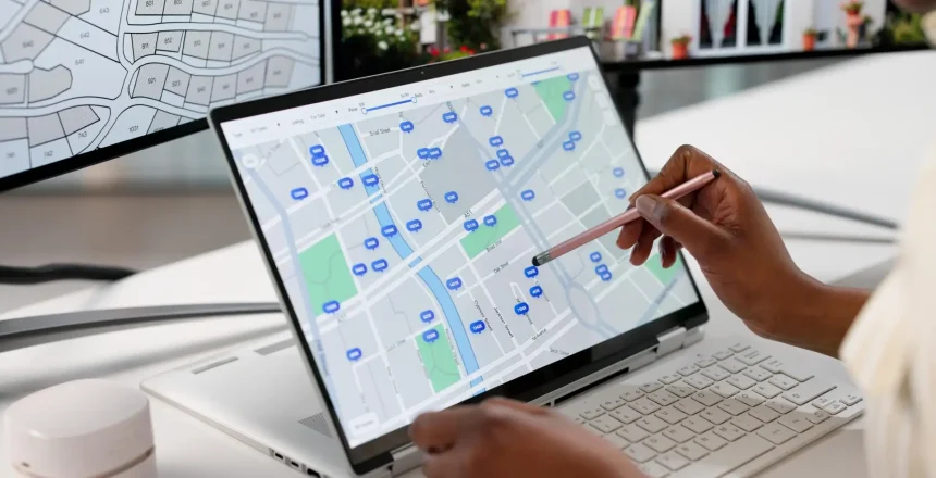 Young Female Real Estate Planner Searches For Land Online.