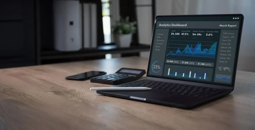 Business analytics dashboard on laptop displaying data for marketing strategy, performance tracking, and growth report insight, supporting decision-making, KPI monitoring, and ROI optimization in workspace.