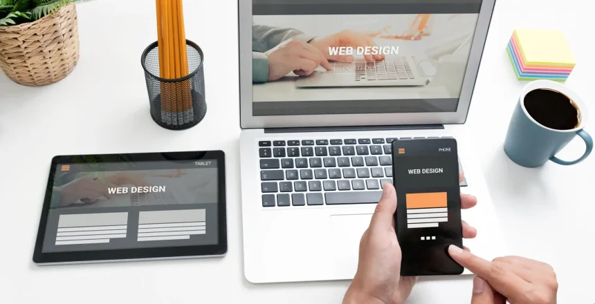 Web developer designs websites for different types of devices. Responsive web design concept