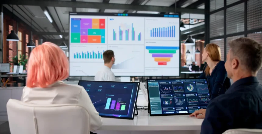 Financial Analyst Studies Colorful Data Dashboard During Team Meeting Discussion.