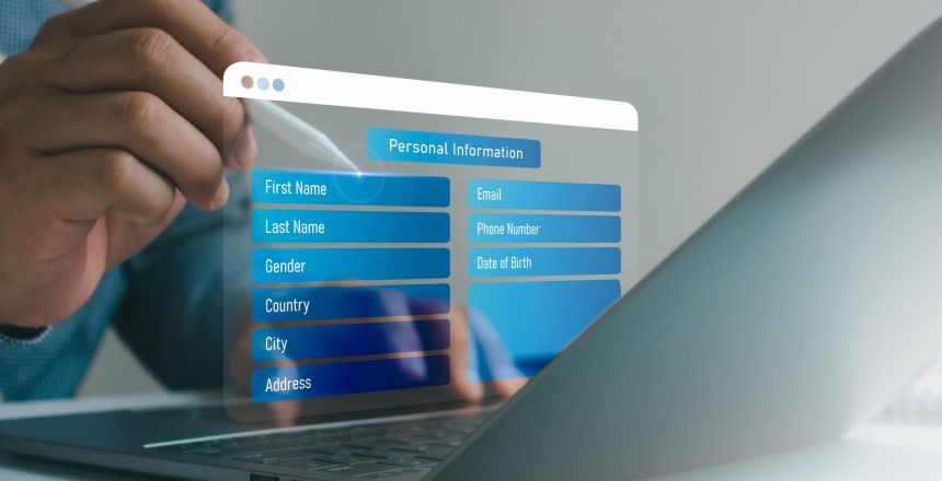 Businessman using online registration form with digital pen, personal information entry, secure data collection, user profile management, online application, identity verification, digital onboarding.