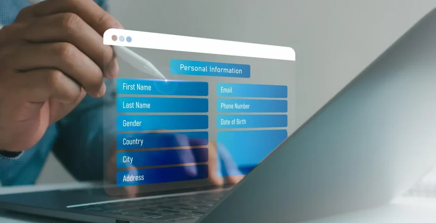 Businessman using online registration form with digital pen, personal information entry, secure data collection, user profile management, online application, identity verification, digital onboarding.