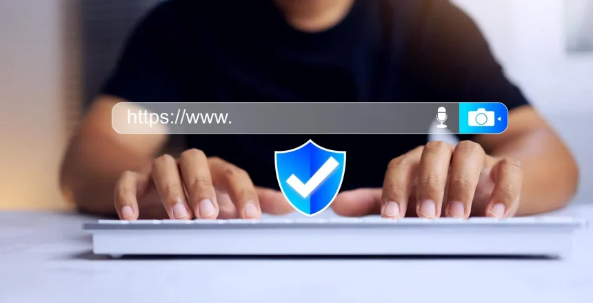 https www website security concept with a man in black t-shirt using keyboard to search information by domain type more secure an encrypted communication protocol asymmetric algorithm