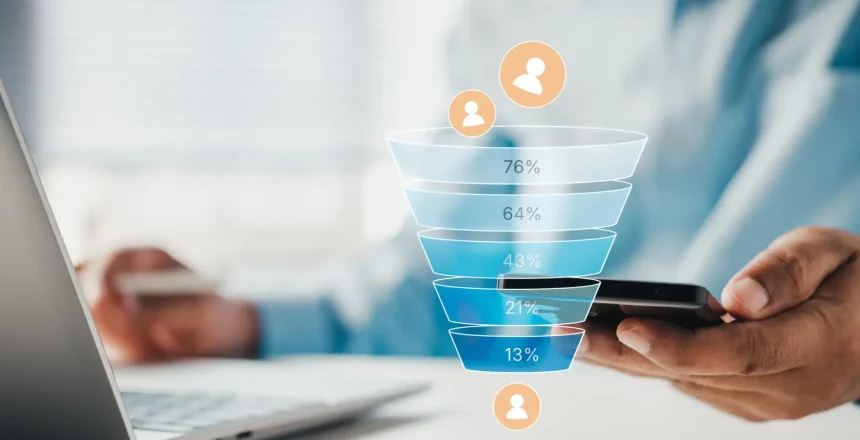 Business professional analyzing digital sales funnel conversion metrics on smartphone and laptop, virtual interface, customer journey stages, data-driven marketing performance optimization