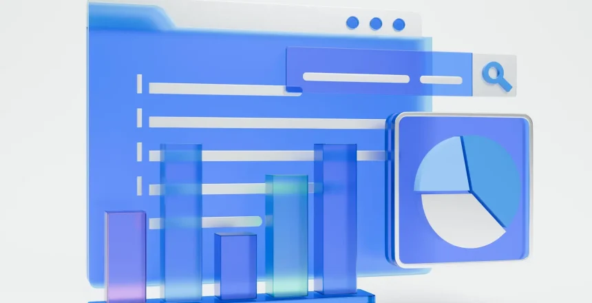 A conceptual 3D illustration of business and data analytics.