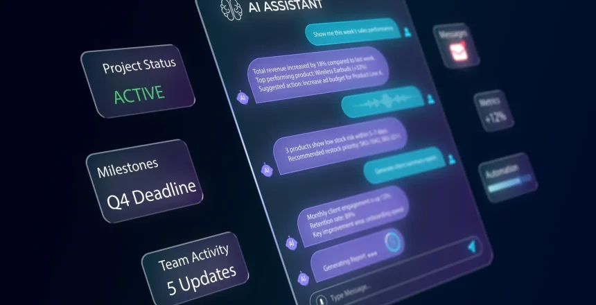 A smartphone screen displaying an AI assistant interface with purple and blue conversation bubbles