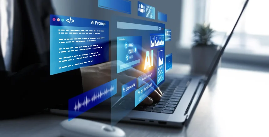 Person using laptop with Ai Content Generator.Image generator, documents, marketing and advertising, bot writing and coding.Interaction with the Ai assistant to solve some tasks more easily