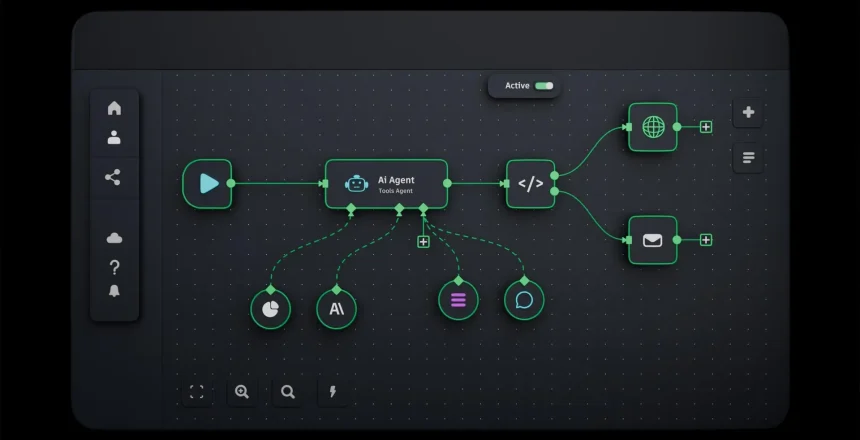 AI workflow automation artificial intelligence software interface nodes triggers data tool dashboard coding icon flow process technology 3d rendering.