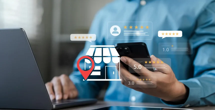 SEO, Businessman using smartphone and laptop with digital store icon, location pin, and customer review stars. Concept for local business marketing, online rating, and brand reputation management.